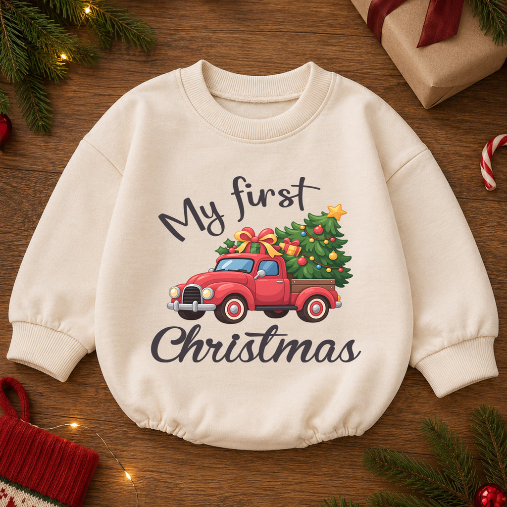 My First Christmas Truck Romper, Red Pickup Christmas Tree Outfit, Baby 1st Christmas Keepsake, 1st Birthday Holiday Gift — product view 2