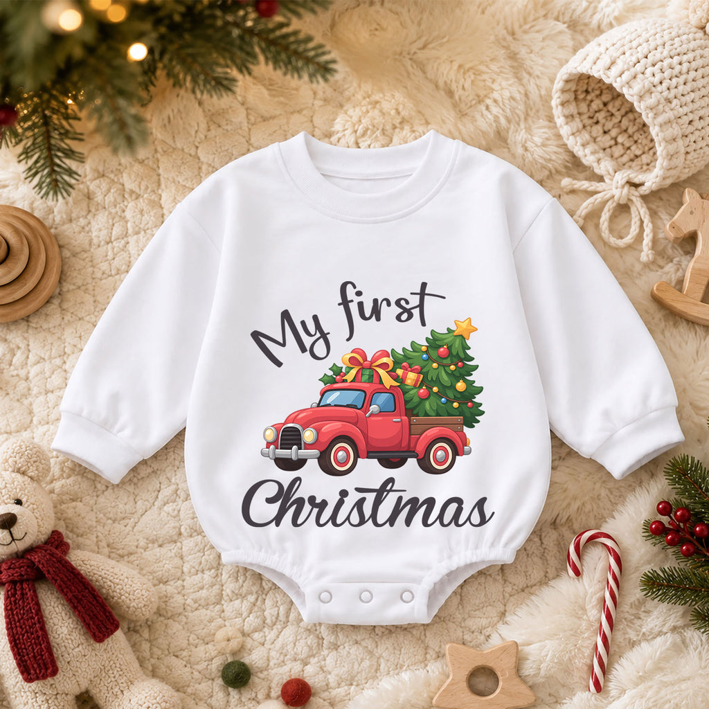 My First Christmas Truck Romper, Red Pickup Christmas Tree Outfit, Baby 1st Christmas Keepsake, 1st Birthday Holiday Gift — product view 3