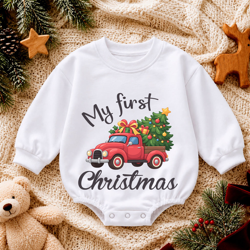My First Christmas Truck Romper, Red Pickup Christmas Tree Outfit, Baby 1st Christmas Keepsake, 1st Birthday Holiday Gift — product view 4