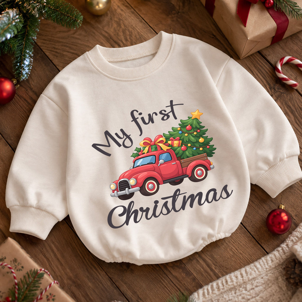 My First Christmas Truck Romper, Red Pickup Christmas Tree Outfit, Baby 1st Christmas Keepsake, 1st Birthday Holiday Gift — product view 5