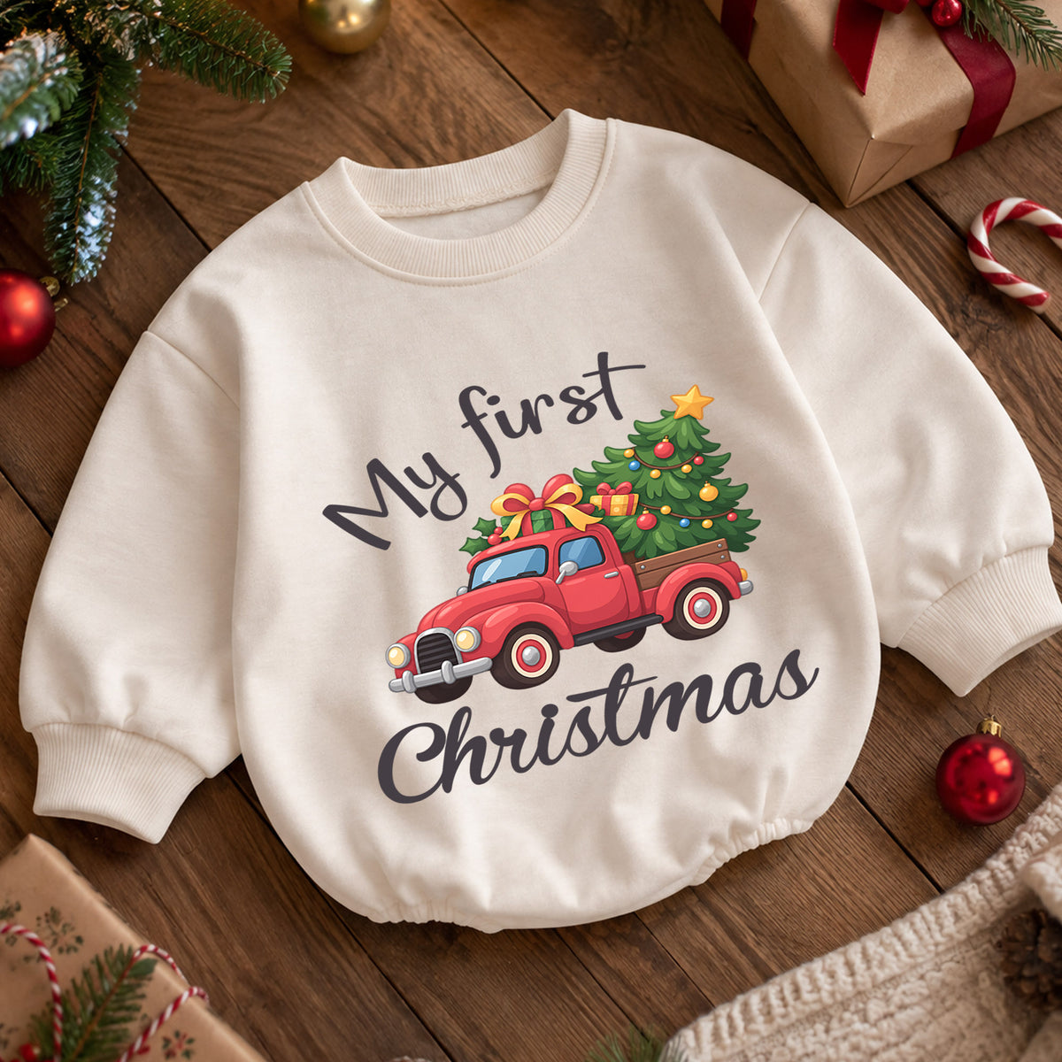 My First Christmas Truck Romper, Red Pickup Christmas Tree Outfit, Baby 1st Christmas Keepsake, 1st Birthday Holiday Gift — product view 5