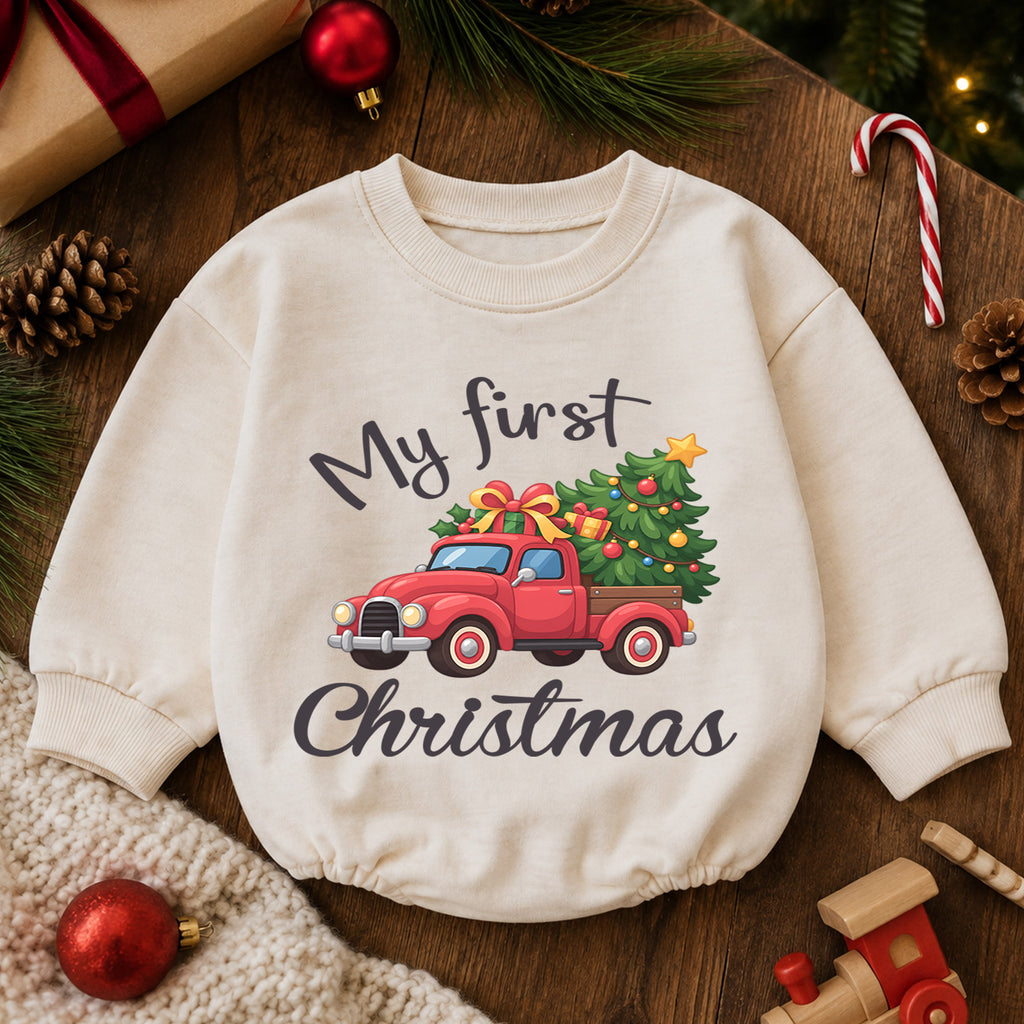 My First Christmas Truck Romper, Red Pickup Christmas Tree Outfit, Baby 1st Christmas Keepsake, 1st Birthday Holiday Gift — product view 6
