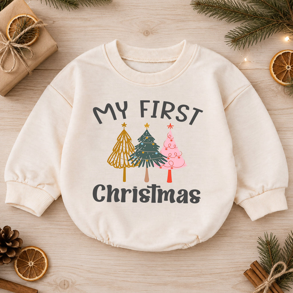 Minimal My First Christmas Romper, Modern Christmas Tree Baby Outfit, 1st Christmas Keepsake, 1st Birthday Holiday Gift — product view 1