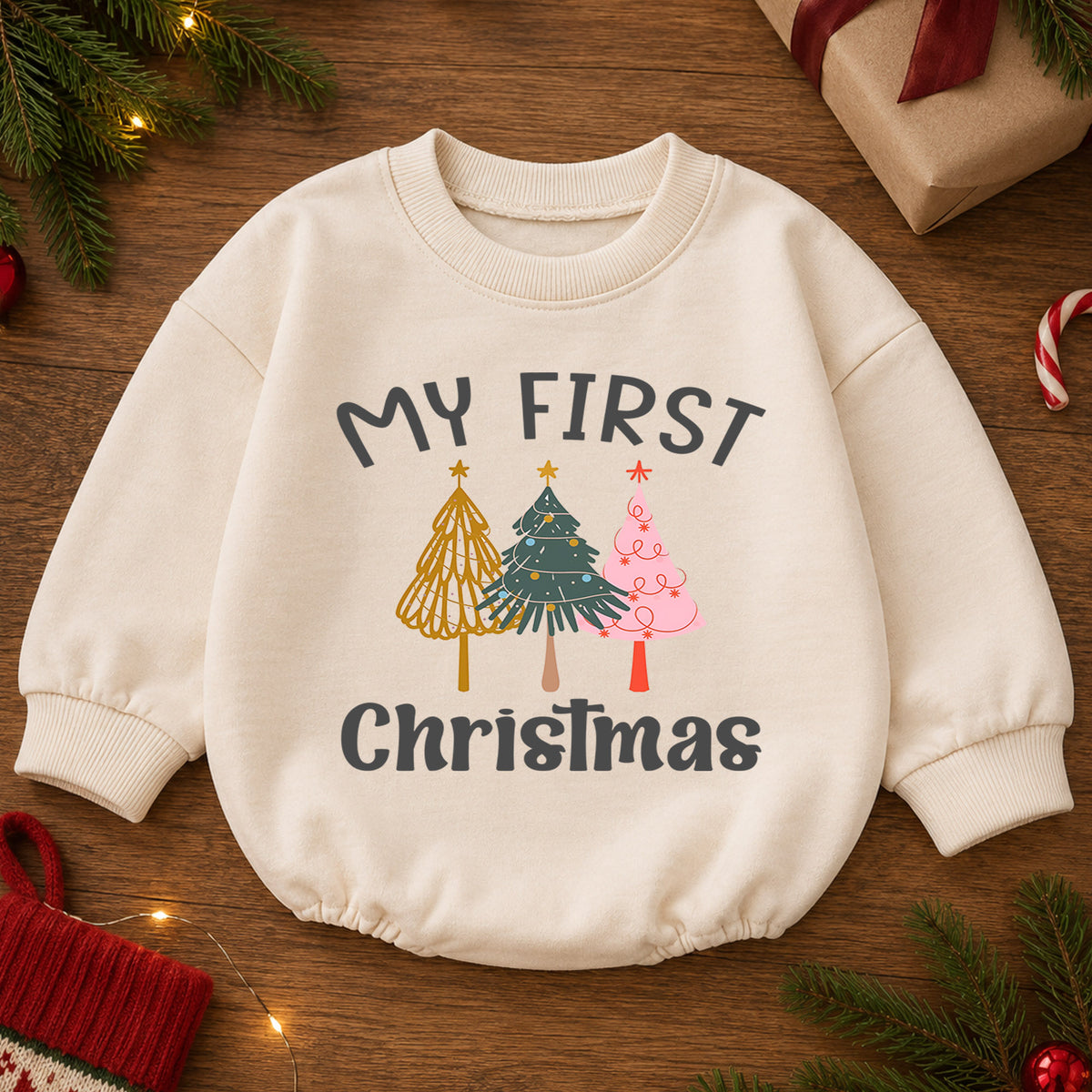 Minimal My First Christmas Romper, Modern Christmas Tree Baby Outfit, 1st Christmas Keepsake, 1st Birthday Holiday Gift — product view 2