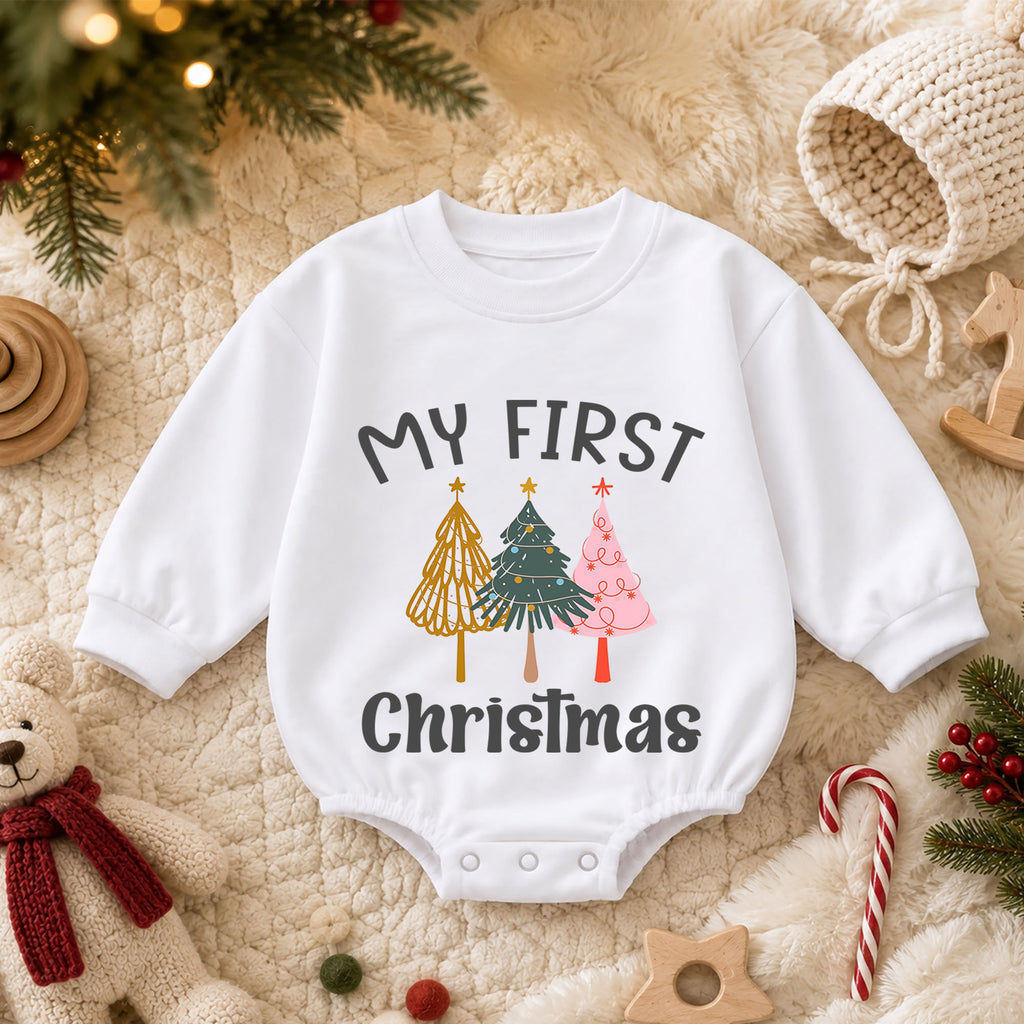 Minimal My First Christmas Romper, Modern Christmas Tree Baby Outfit, 1st Christmas Keepsake, 1st Birthday Holiday Gift — product view 3