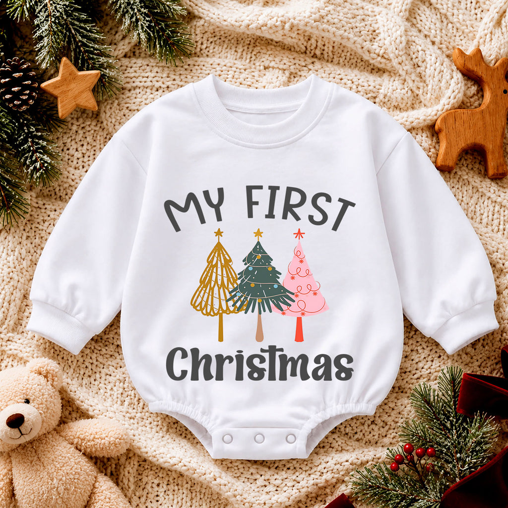 Minimal My First Christmas Romper, Modern Christmas Tree Baby Outfit, 1st Christmas Keepsake, 1st Birthday Holiday Gift — product view 4