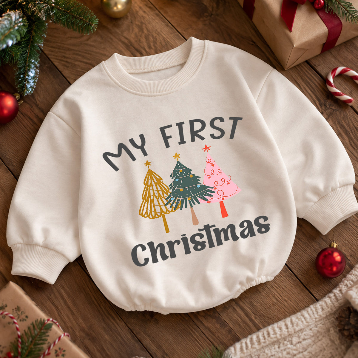 Minimal My First Christmas Romper, Modern Christmas Tree Baby Outfit, 1st Christmas Keepsake, 1st Birthday Holiday Gift — product view 5
