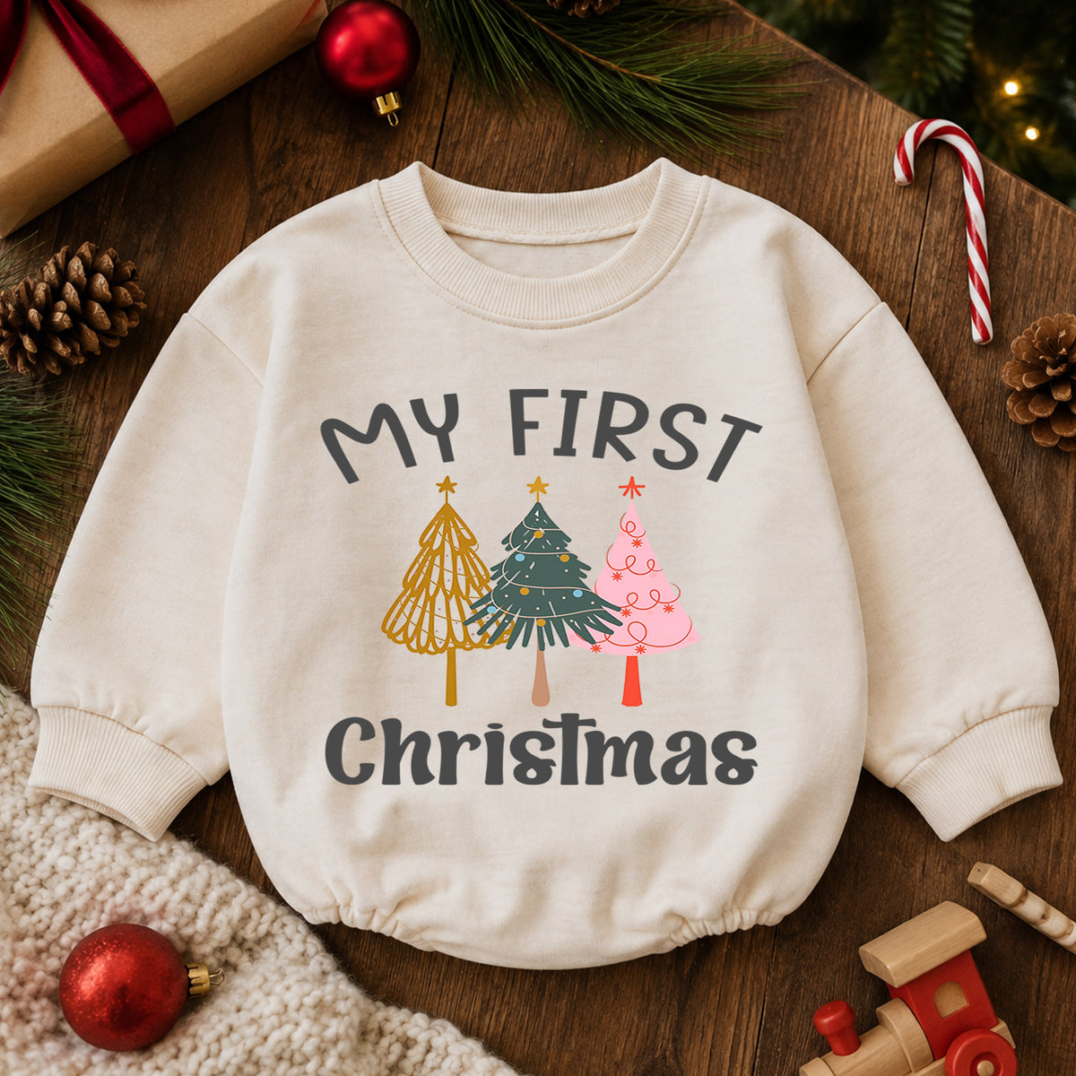 Minimal My First Christmas Romper, Modern Christmas Tree Baby Outfit, 1st Christmas Keepsake, 1st Birthday Holiday Gift — product view 6