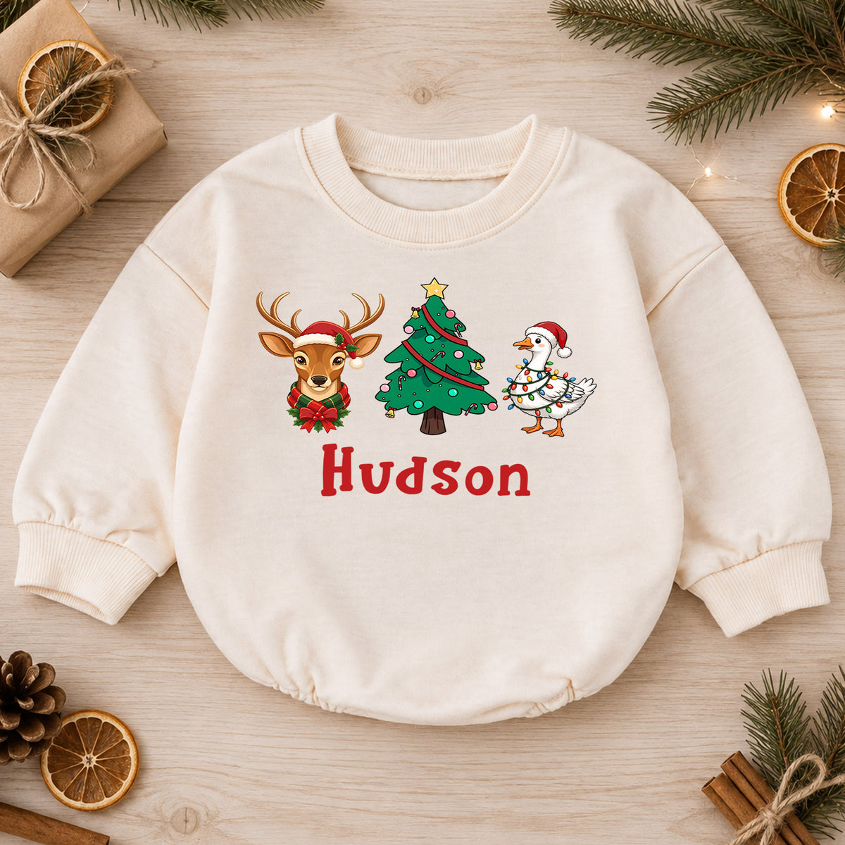 Custom Reindeer Name Baby Romper, Personalized Christmas Deer Face Romper, 1st Birthday Outfit, 1st Christmas Gift for Baby — product view 1