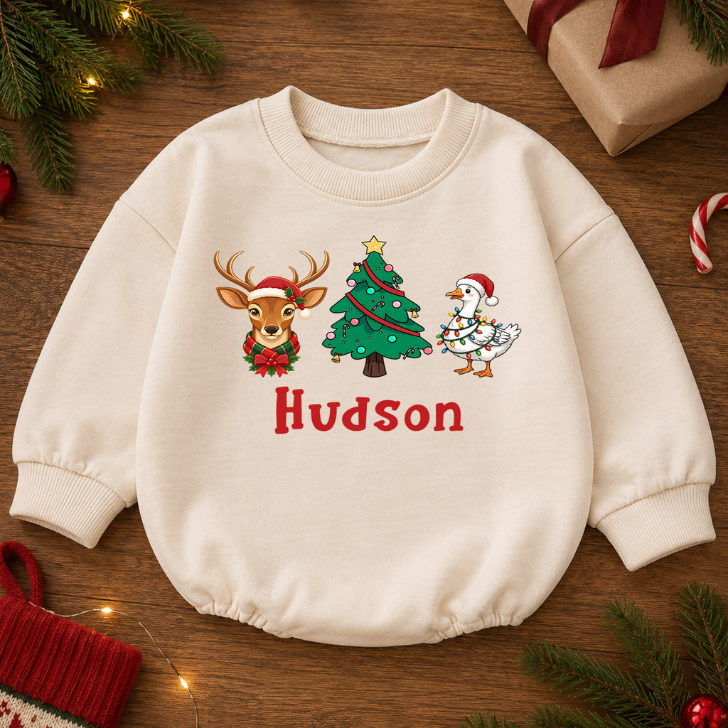 Custom Reindeer Name Baby Romper, Personalized Christmas Deer Face Romper, 1st Birthday Outfit, 1st Christmas Gift for Baby — product view 2