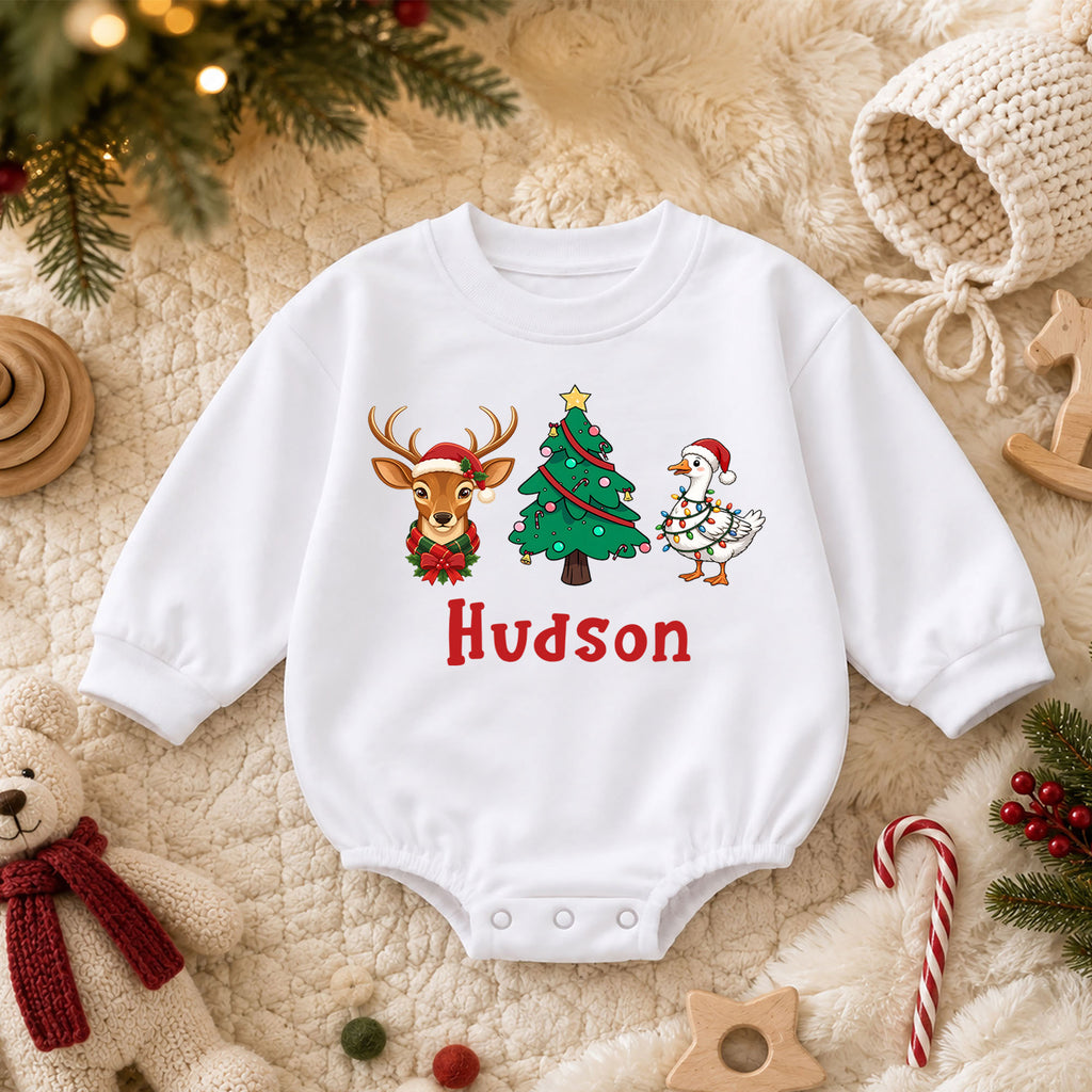 Custom Reindeer Name Baby Romper, Personalized Christmas Deer Face Romper, 1st Birthday Outfit, 1st Christmas Gift for Baby — product view 3