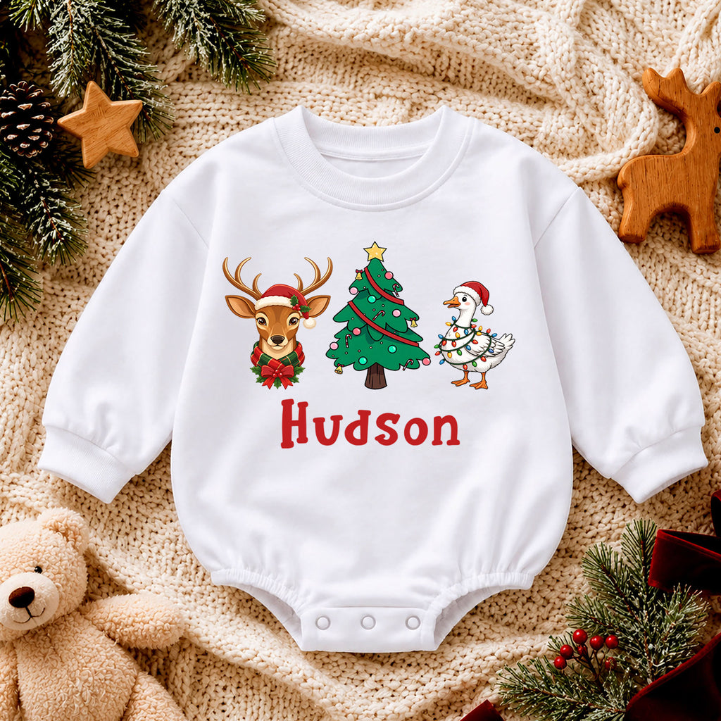 Custom Reindeer Name Baby Romper, Personalized Christmas Deer Face Romper, 1st Birthday Outfit, 1st Christmas Gift for Baby — product view 4