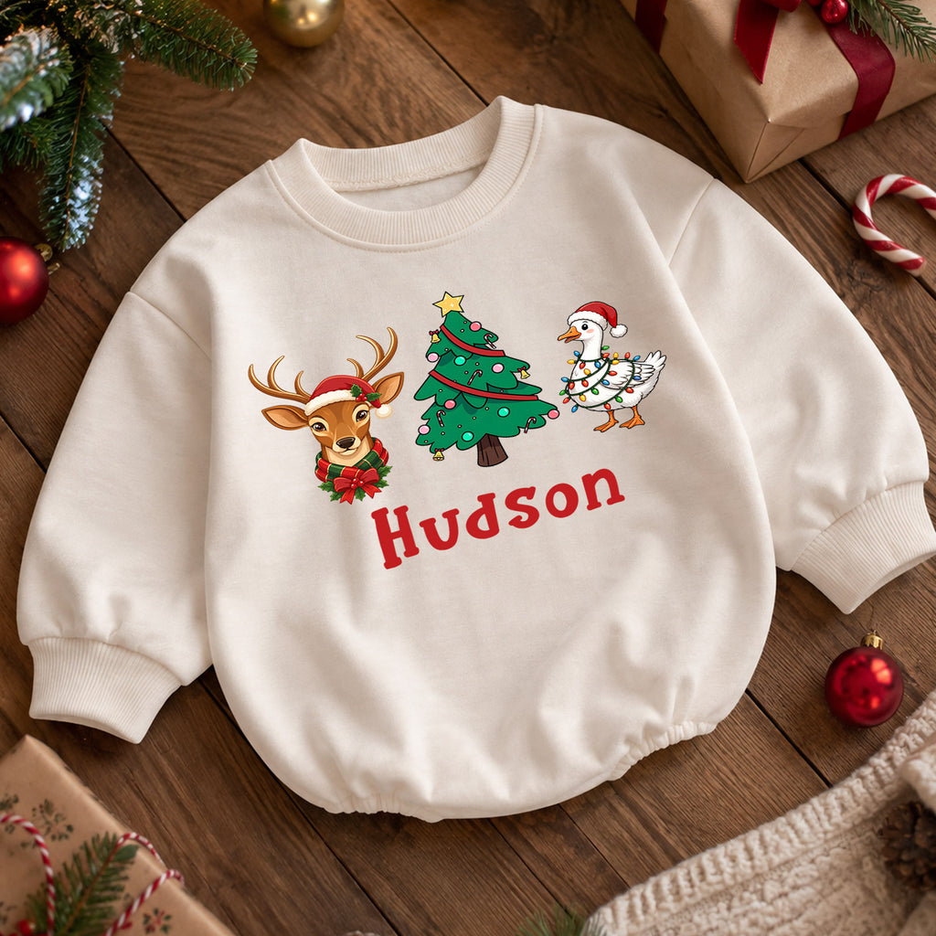Custom Reindeer Name Baby Romper, Personalized Christmas Deer Face Romper, 1st Birthday Outfit, 1st Christmas Gift for Baby — product view 5