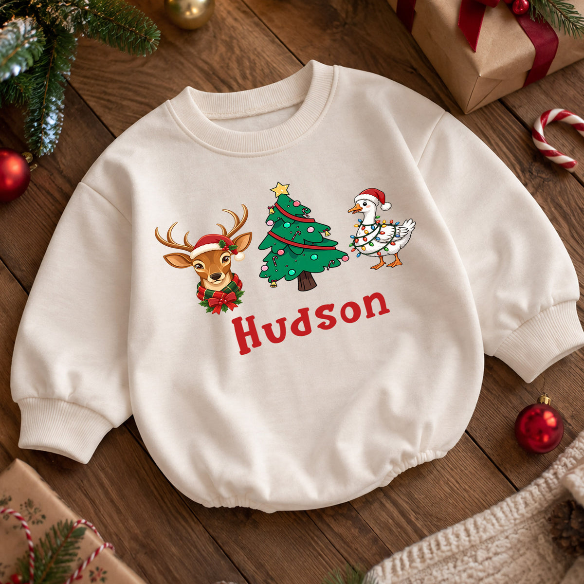 Custom Reindeer Name Baby Romper, Personalized Christmas Deer Face Romper, 1st Birthday Outfit, 1st Christmas Gift for Baby — product view 5