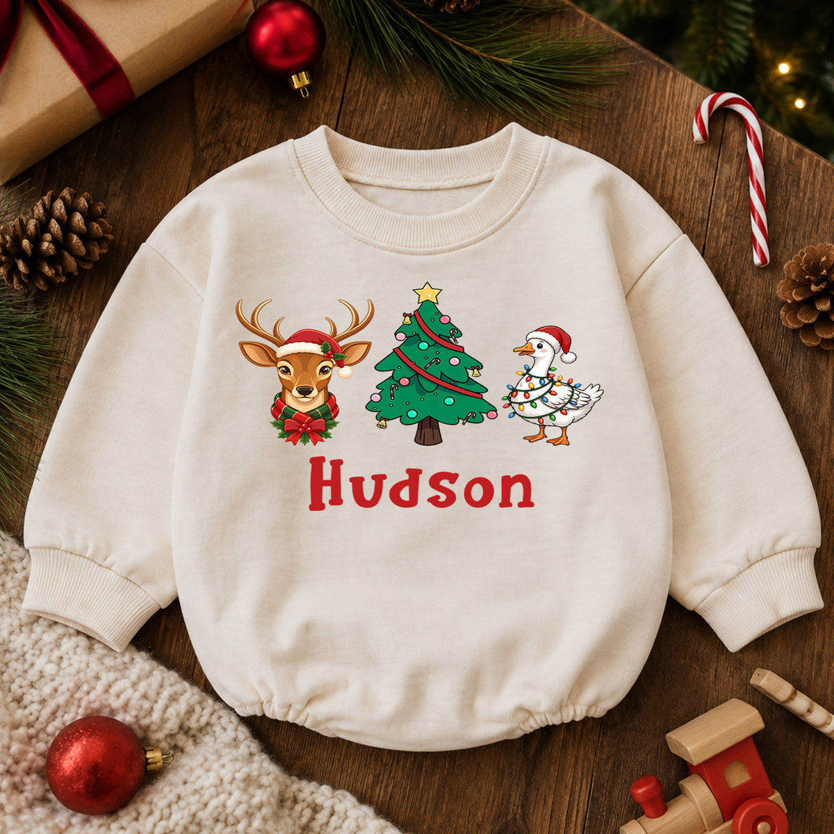 Custom Reindeer Name Baby Romper, Personalized Christmas Deer Face Romper, 1st Birthday Outfit, 1st Christmas Gift for Baby — product view 6
