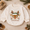 Personalized Baby Christmas Romper, Custom Name Reindeer Face Design, 1st Christmas Outfit, My First Birthday Holiday Keepsake — product view 1