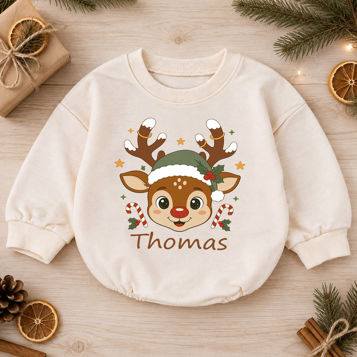 Personalized Baby Christmas Romper, Custom Name Reindeer Face Design, 1st Christmas Outfit, My First Birthday Holiday Keepsake — product view 1