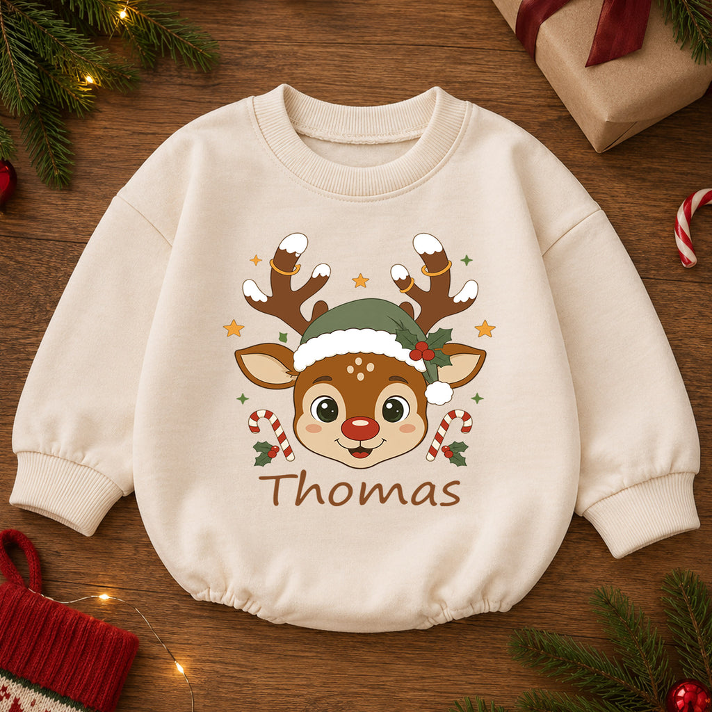 Personalized Baby Christmas Romper, Custom Name Reindeer Face Design, 1st Christmas Outfit, My First Birthday Holiday Keepsake — product view 2