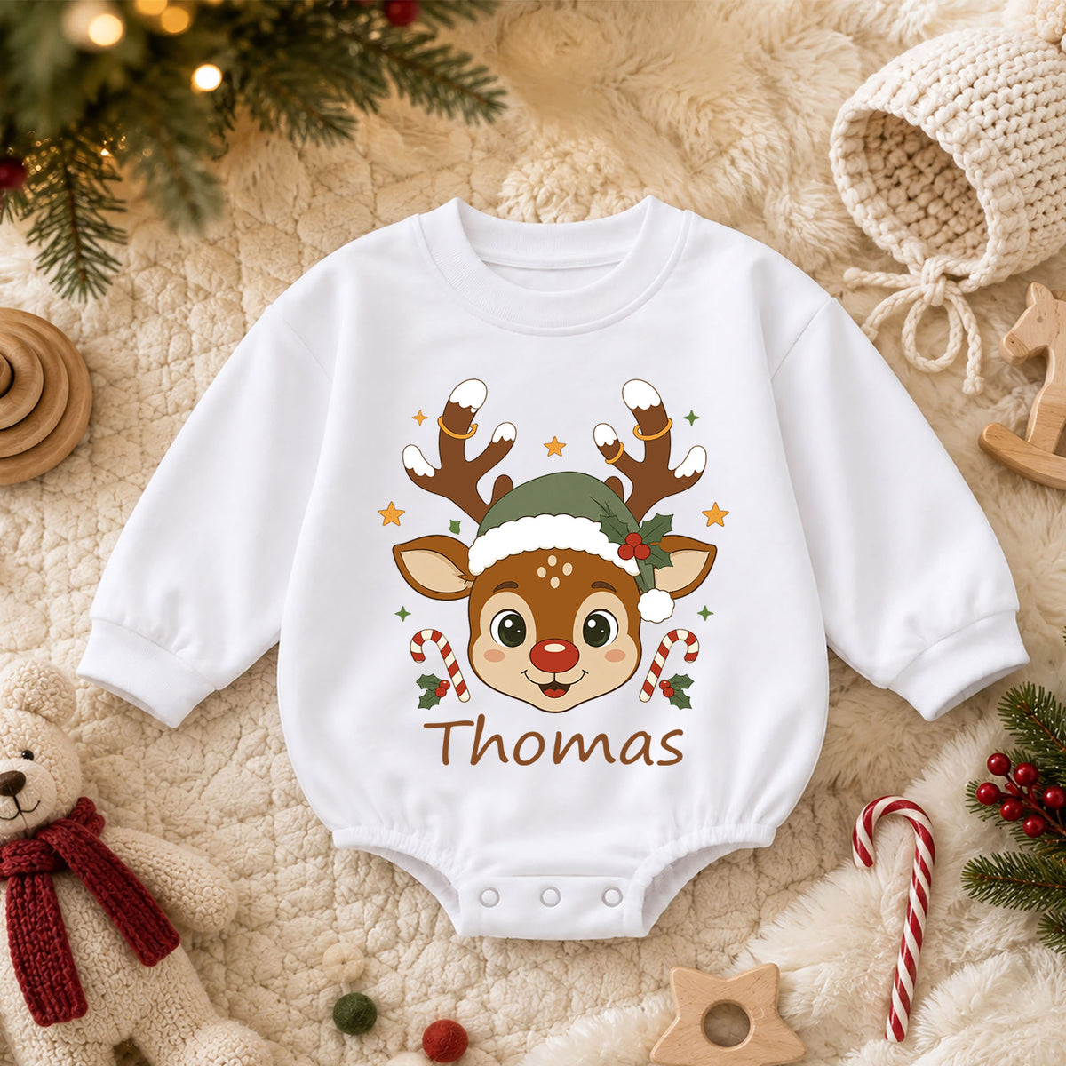 Personalized Baby Christmas Romper, Custom Name Reindeer Face Design, 1st Christmas Outfit, My First Birthday Holiday Keepsake — product view 3