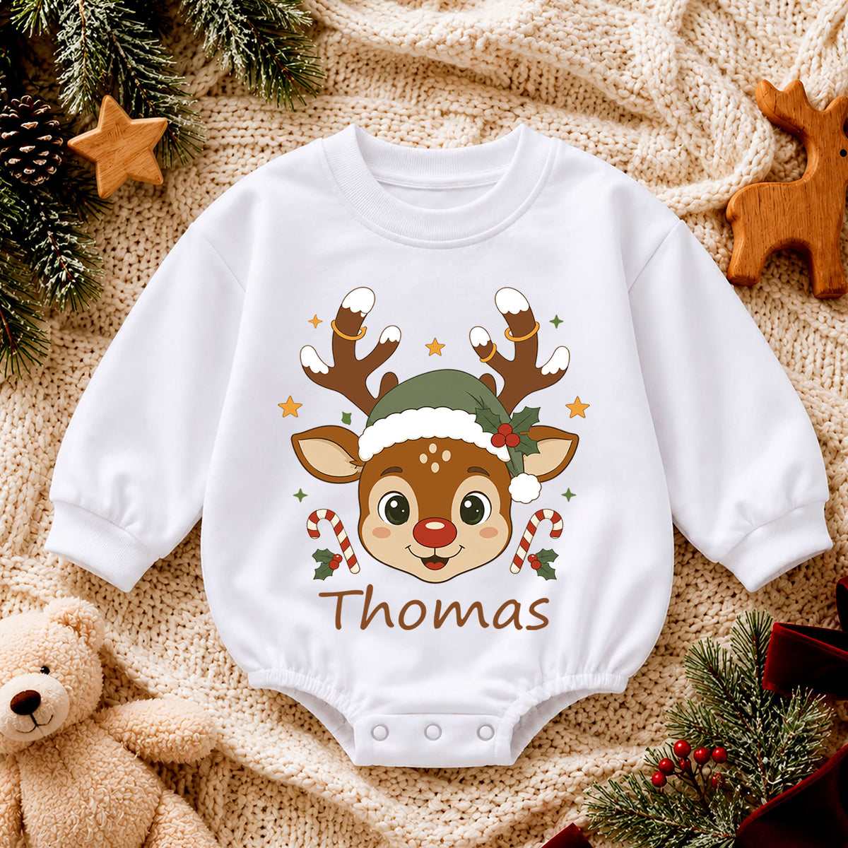 Personalized Baby Christmas Romper, Custom Name Reindeer Face Design, 1st Christmas Outfit, My First Birthday Holiday Keepsake — product view 4