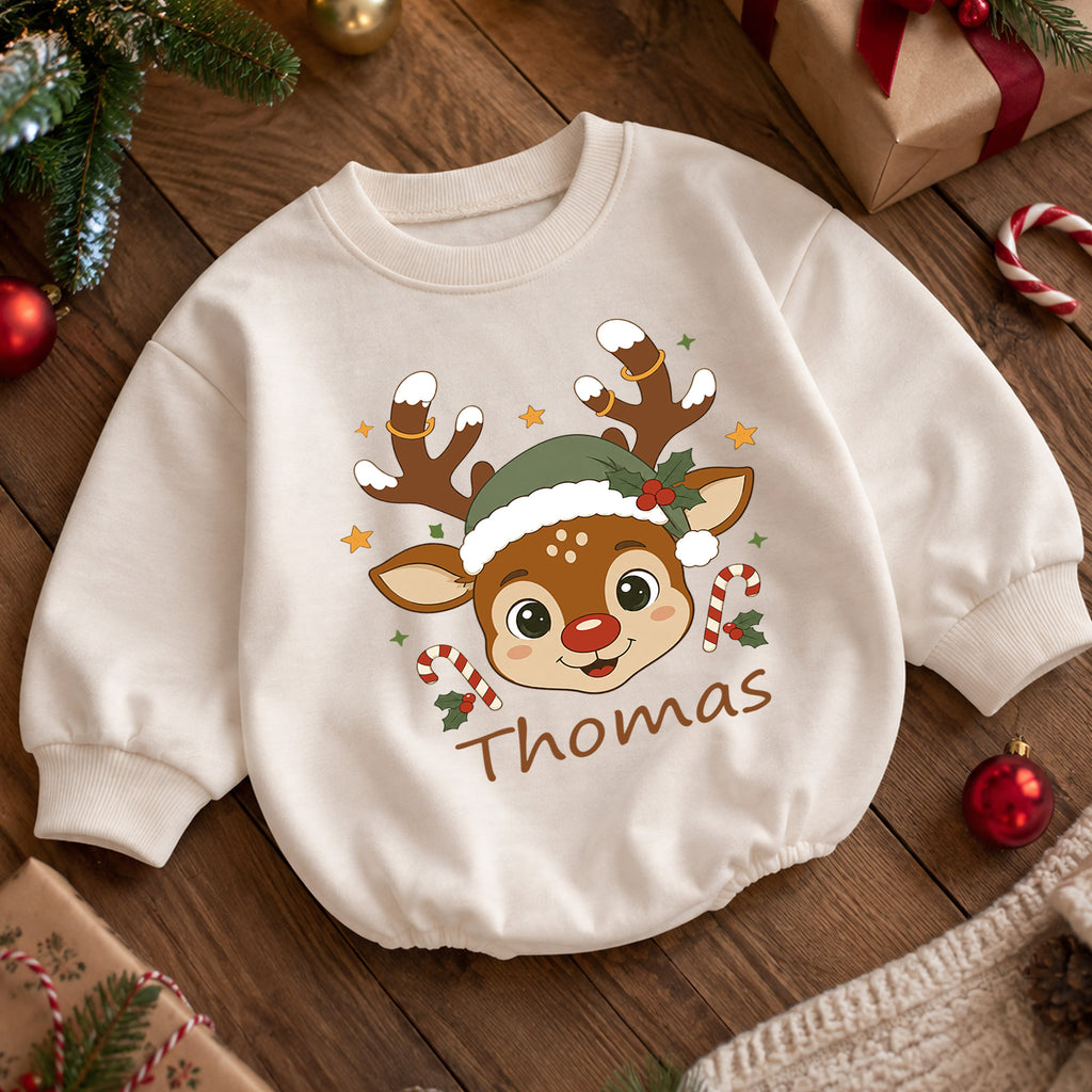Personalized Baby Christmas Romper, Custom Name Reindeer Face Design, 1st Christmas Outfit, My First Birthday Holiday Keepsake — product view 5
