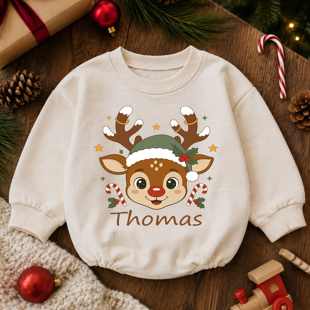 Personalized Baby Christmas Romper, Custom Name Reindeer Face Design, 1st Christmas Outfit, My First Birthday Holiday Keepsake — product view 6