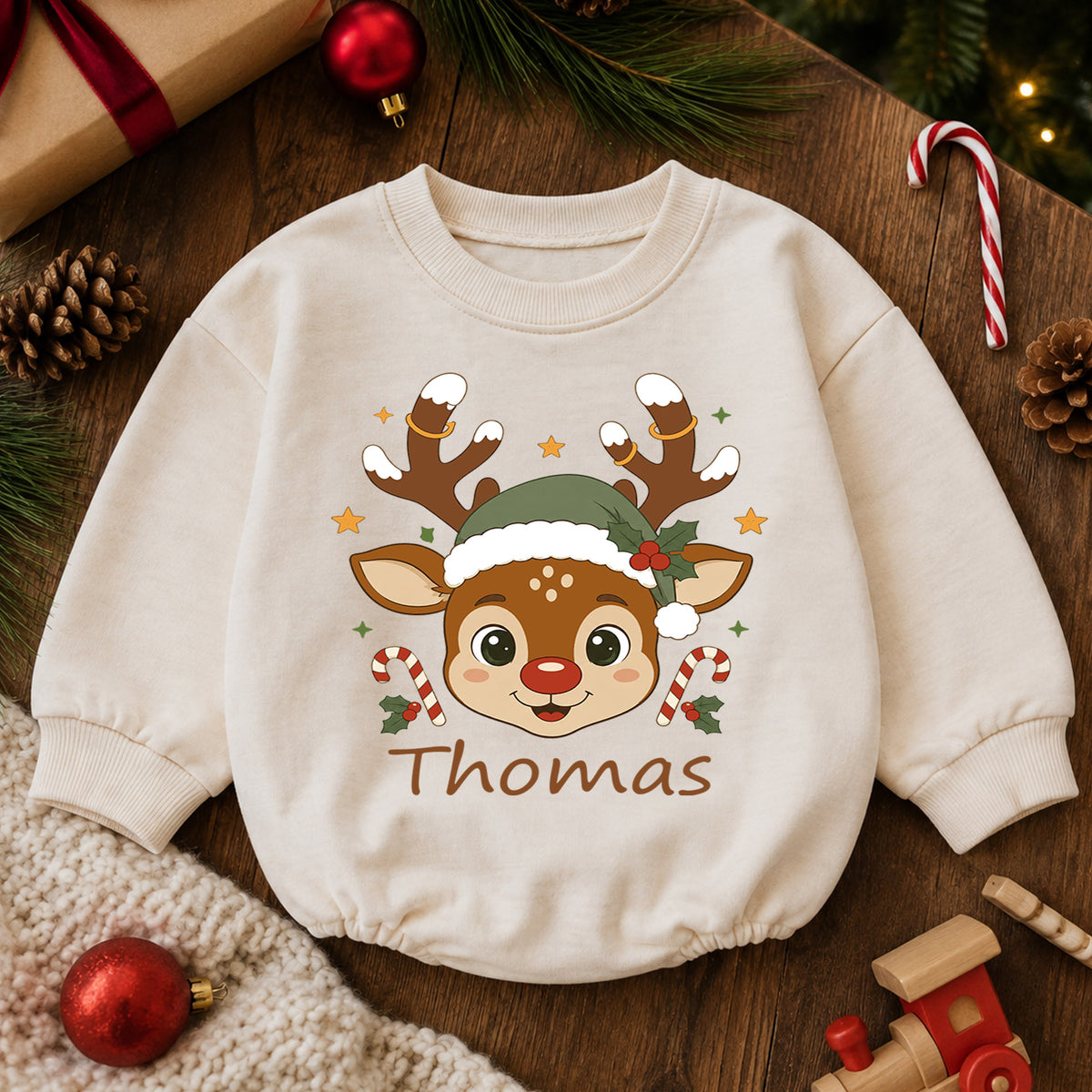 Personalized Baby Christmas Romper, Custom Name Reindeer Face Design, 1st Christmas Outfit, My First Birthday Holiday Keepsake — product view 6