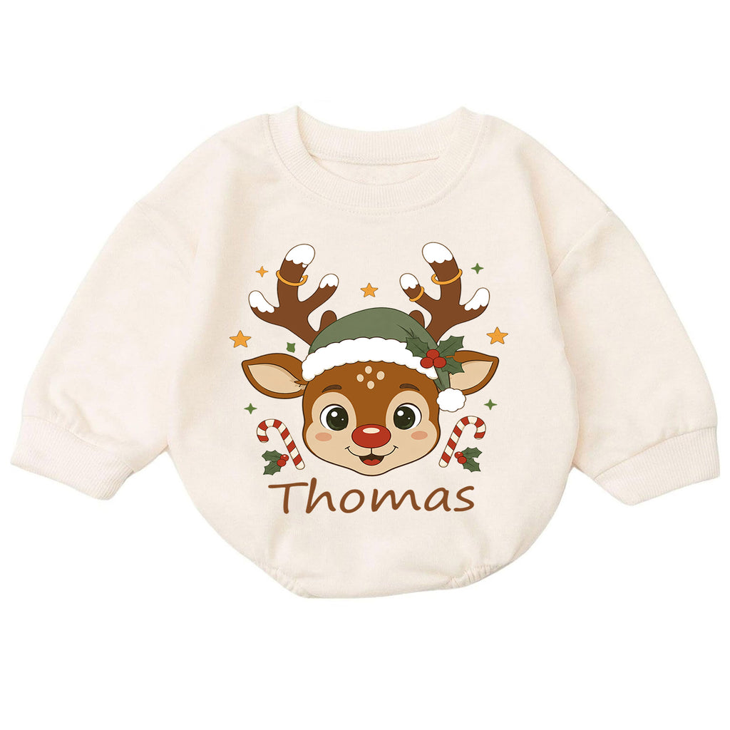 Personalized Baby Christmas Romper, Custom Name Reindeer Face Design, 1st Christmas Outfit, My First Birthday Holiday Keepsake — product view 7