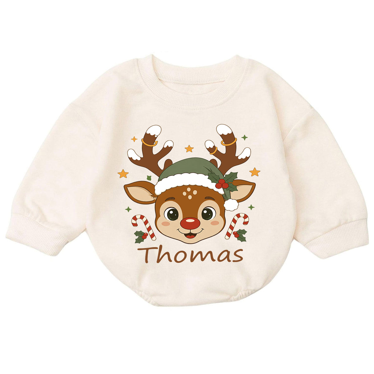 Personalized Baby Christmas Romper, Custom Name Reindeer Face Design, 1st Christmas Outfit, My First Birthday Holiday Keepsake — product view 7