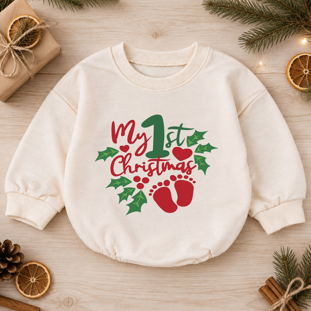 My 1st Christmas Baby Romper, Baby Footprint Christmas Romper, First Christmas Outfit, Baby Holiday Keepsake Gift — product view 1