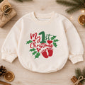 My 1st Christmas Baby Romper, Baby Footprint Christmas Romper, First Christmas Outfit, Baby Holiday Keepsake Gift — product view 1