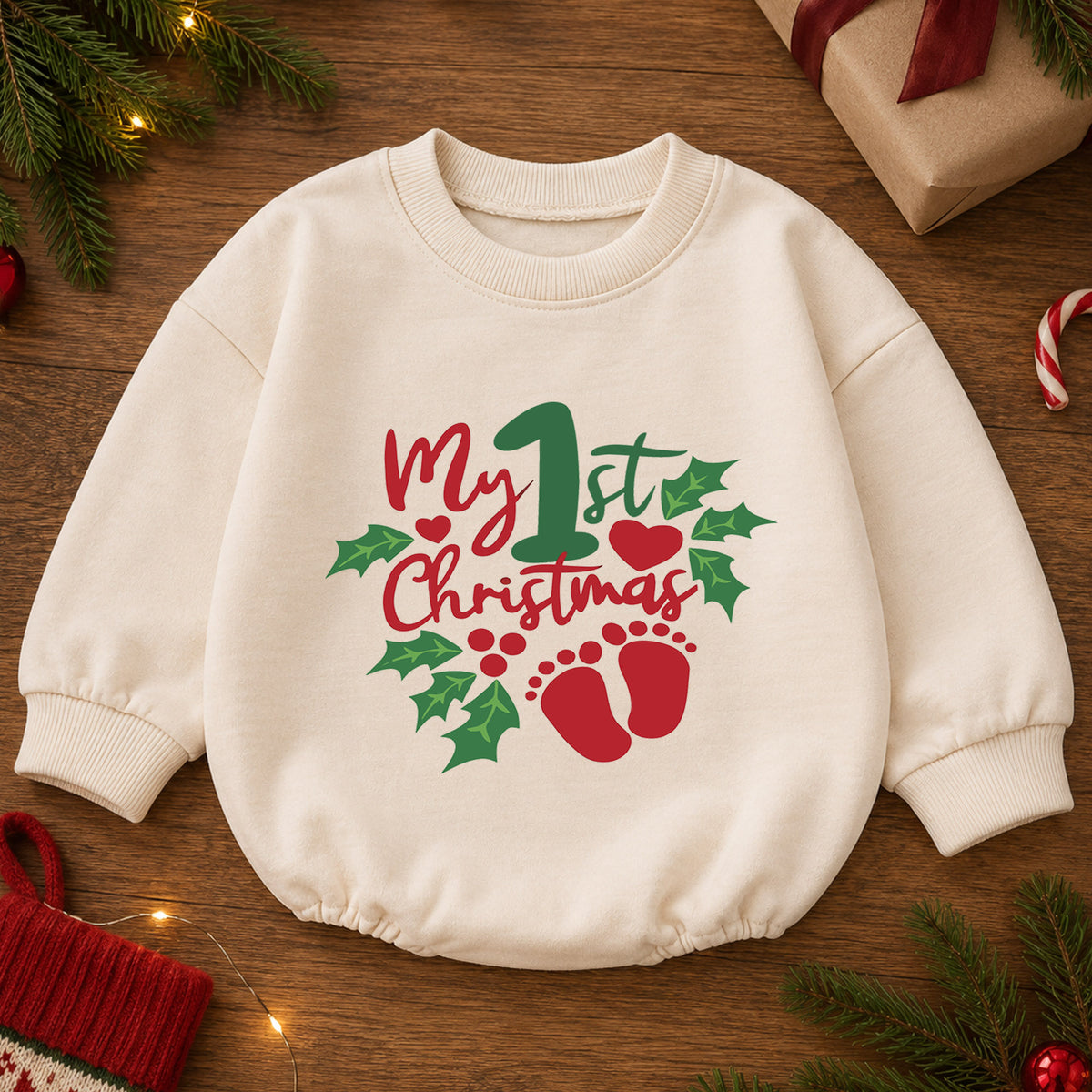 My 1st Christmas Baby Romper, Baby Footprint Christmas Romper, First Christmas Outfit, Baby Holiday Keepsake Gift — product view 2