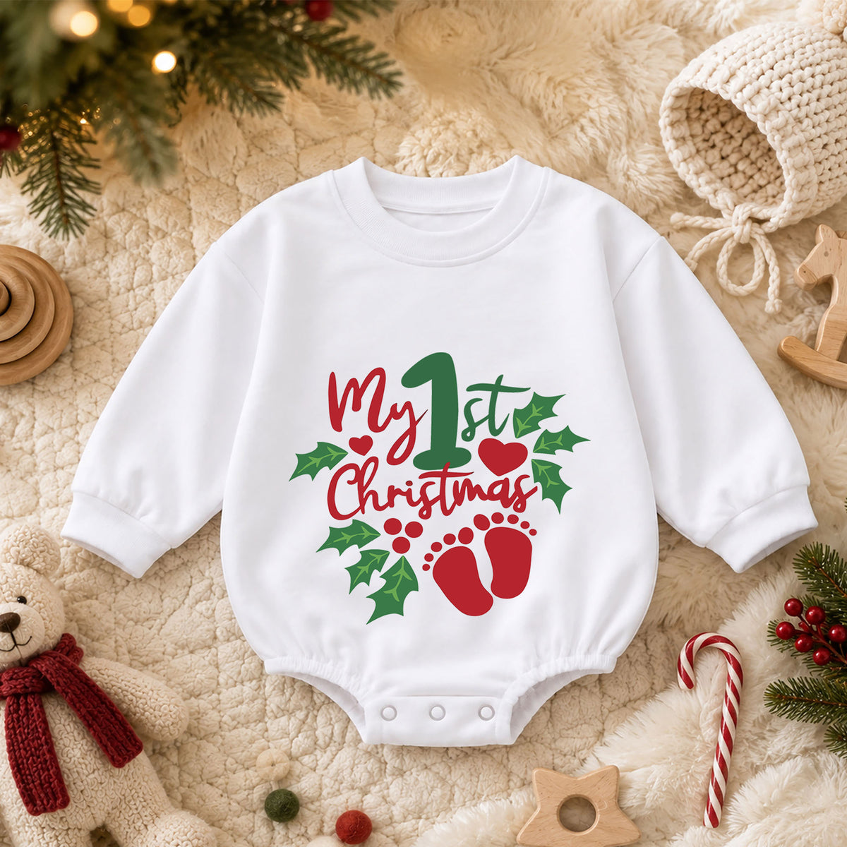 My 1st Christmas Baby Romper, Baby Footprint Christmas Romper, First Christmas Outfit, Baby Holiday Keepsake Gift — product view 3