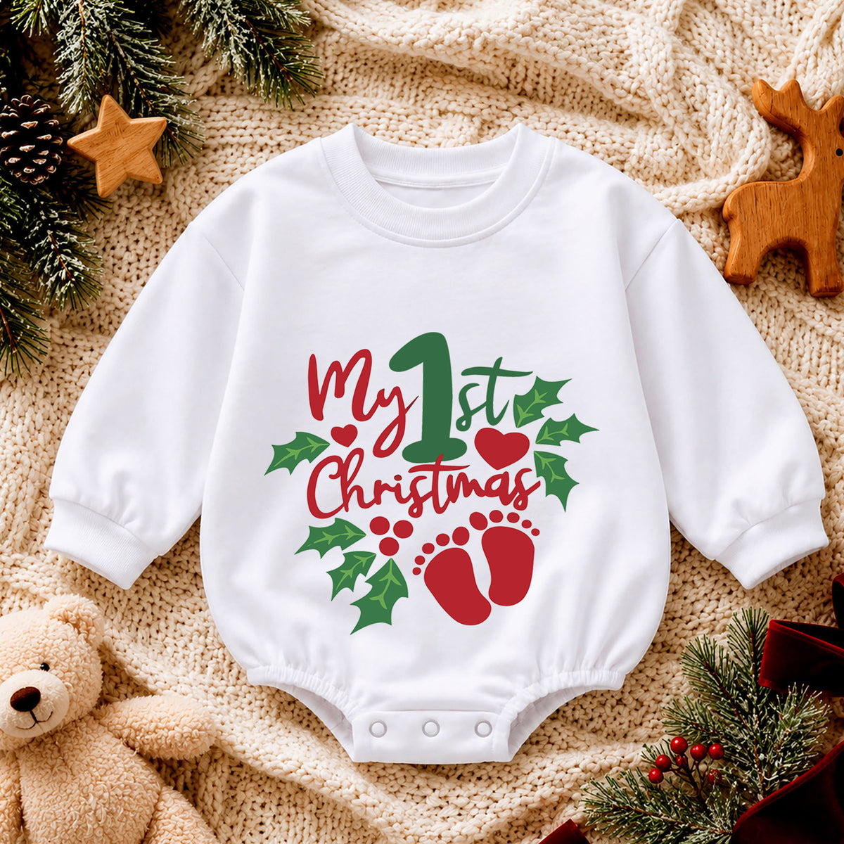 My 1st Christmas Baby Romper, Baby Footprint Christmas Romper, First Christmas Outfit, Baby Holiday Keepsake Gift — product view 4