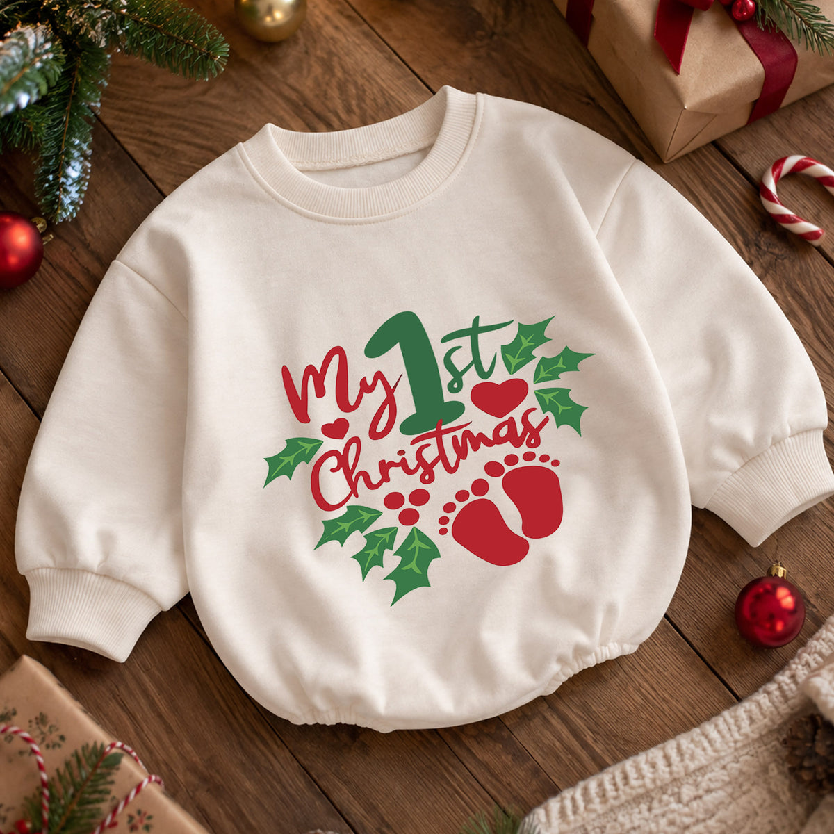 My 1st Christmas Baby Romper, Baby Footprint Christmas Romper, First Christmas Outfit, Baby Holiday Keepsake Gift — product view 5