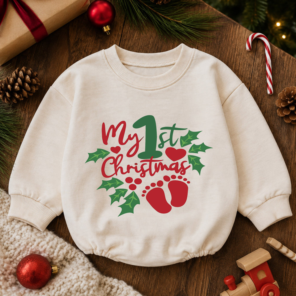 My 1st Christmas Baby Romper, Baby Footprint Christmas Romper, First Christmas Outfit, Baby Holiday Keepsake Gift — product view 6