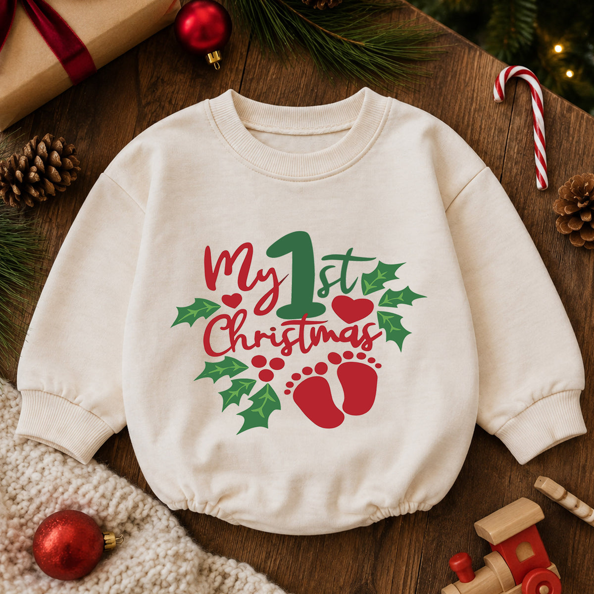My 1st Christmas Baby Romper, Baby Footprint Christmas Romper, First Christmas Outfit, Baby Holiday Keepsake Gift — product view 6