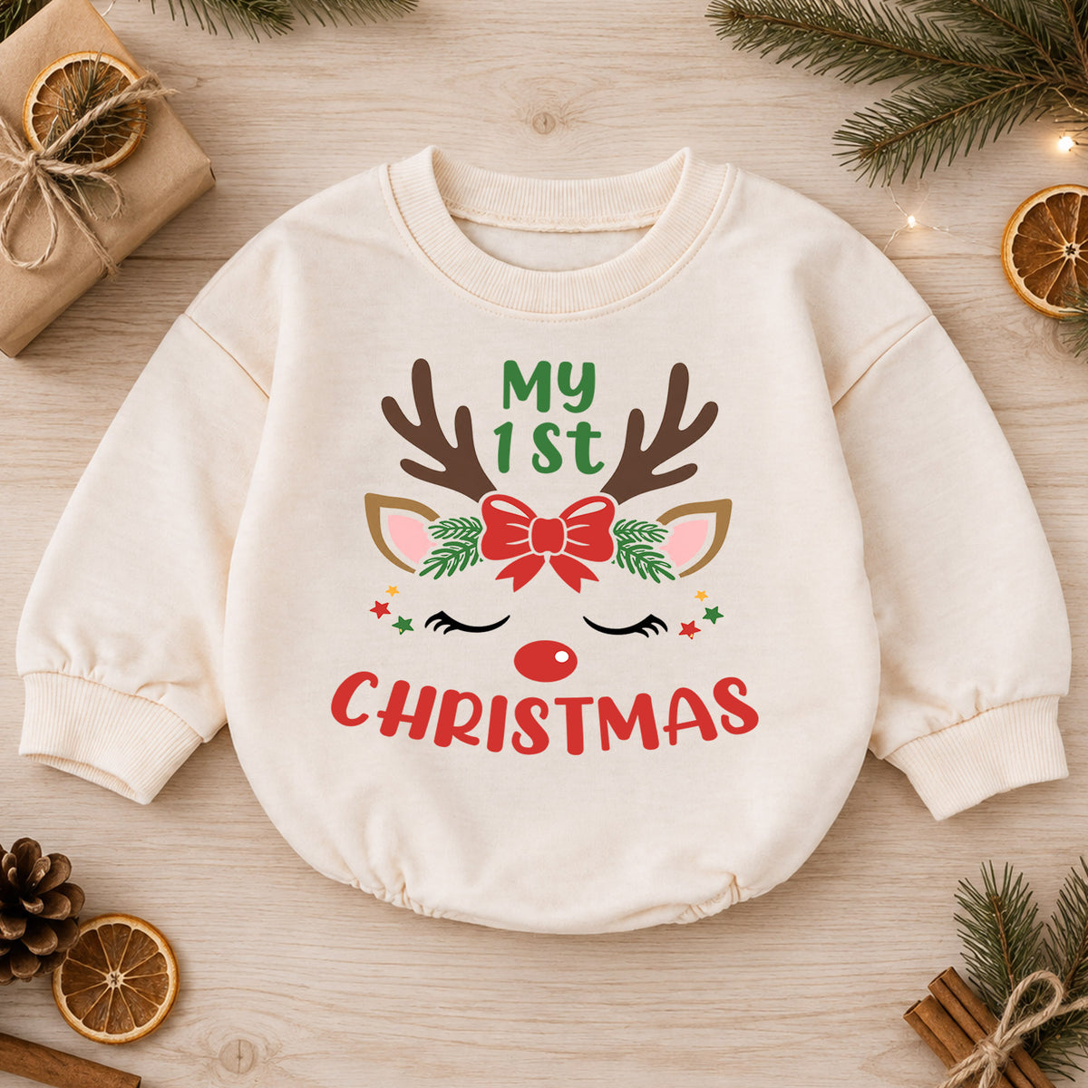 My 1st Christmas Reindeer Baby Romper, Cute Reindeer First Christmas Outfit, Baby Girl Holiday Romper, Christmas Gift — product view 1