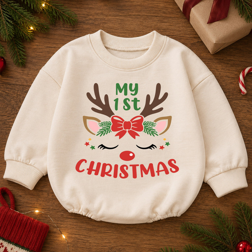 My 1st Christmas Reindeer Baby Romper, Cute Reindeer First Christmas Outfit, Baby Girl Holiday Romper, Christmas Gift — product view 2