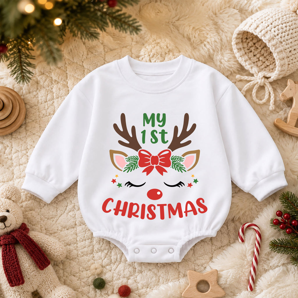 My 1st Christmas Reindeer Baby Romper, Cute Reindeer First Christmas Outfit, Baby Girl Holiday Romper, Christmas Gift — product view 3