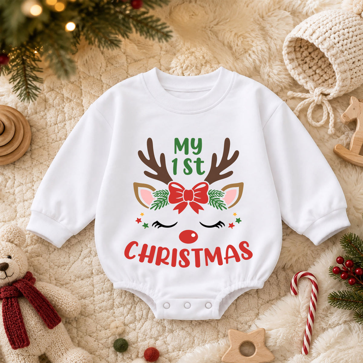 My 1st Christmas Reindeer Baby Romper, Cute Reindeer First Christmas Outfit, Baby Girl Holiday Romper, Christmas Gift — product view 3