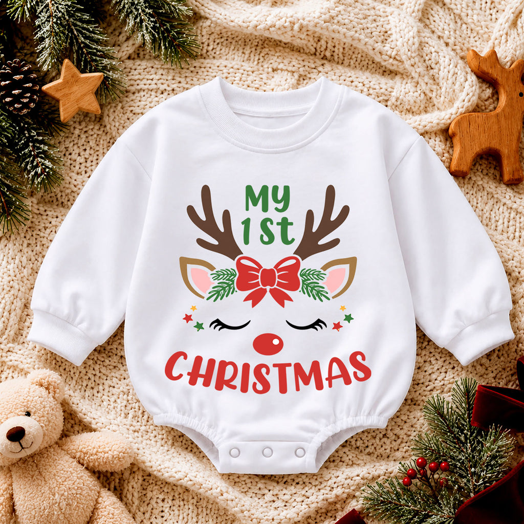 My 1st Christmas Reindeer Baby Romper, Cute Reindeer First Christmas Outfit, Baby Girl Holiday Romper, Christmas Gift — product view 4