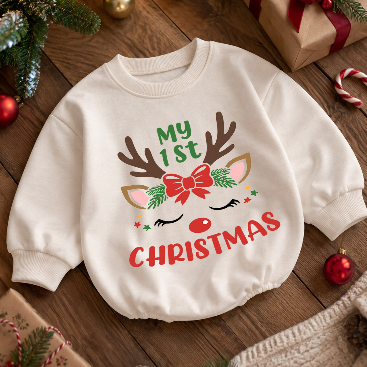 My 1st Christmas Reindeer Baby Romper, Cute Reindeer First Christmas Outfit, Baby Girl Holiday Romper, Christmas Gift — product view 5
