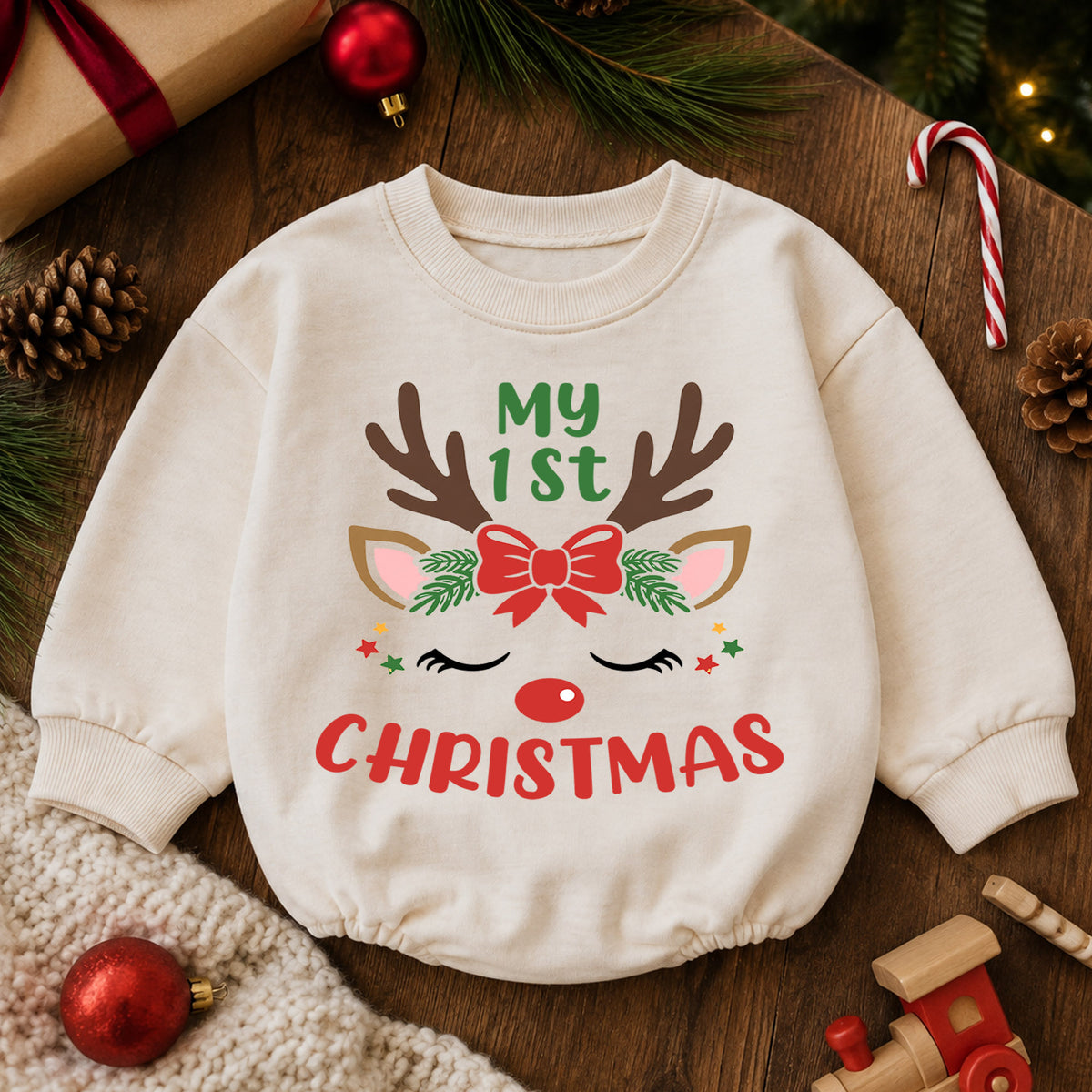 My 1st Christmas Reindeer Baby Romper, Cute Reindeer First Christmas Outfit, Baby Girl Holiday Romper, Christmas Gift — product view 6