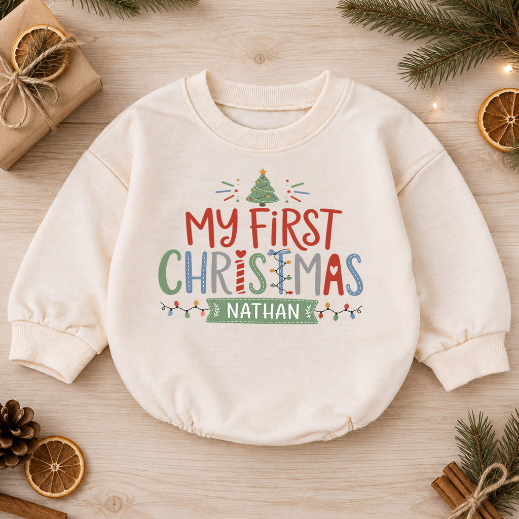 My First Christmas Personalized Baby Romper, Custom Name Holiday Outfit, 1st Christmas Keepsake, 1st Birthday Gift for Baby — product view 1
