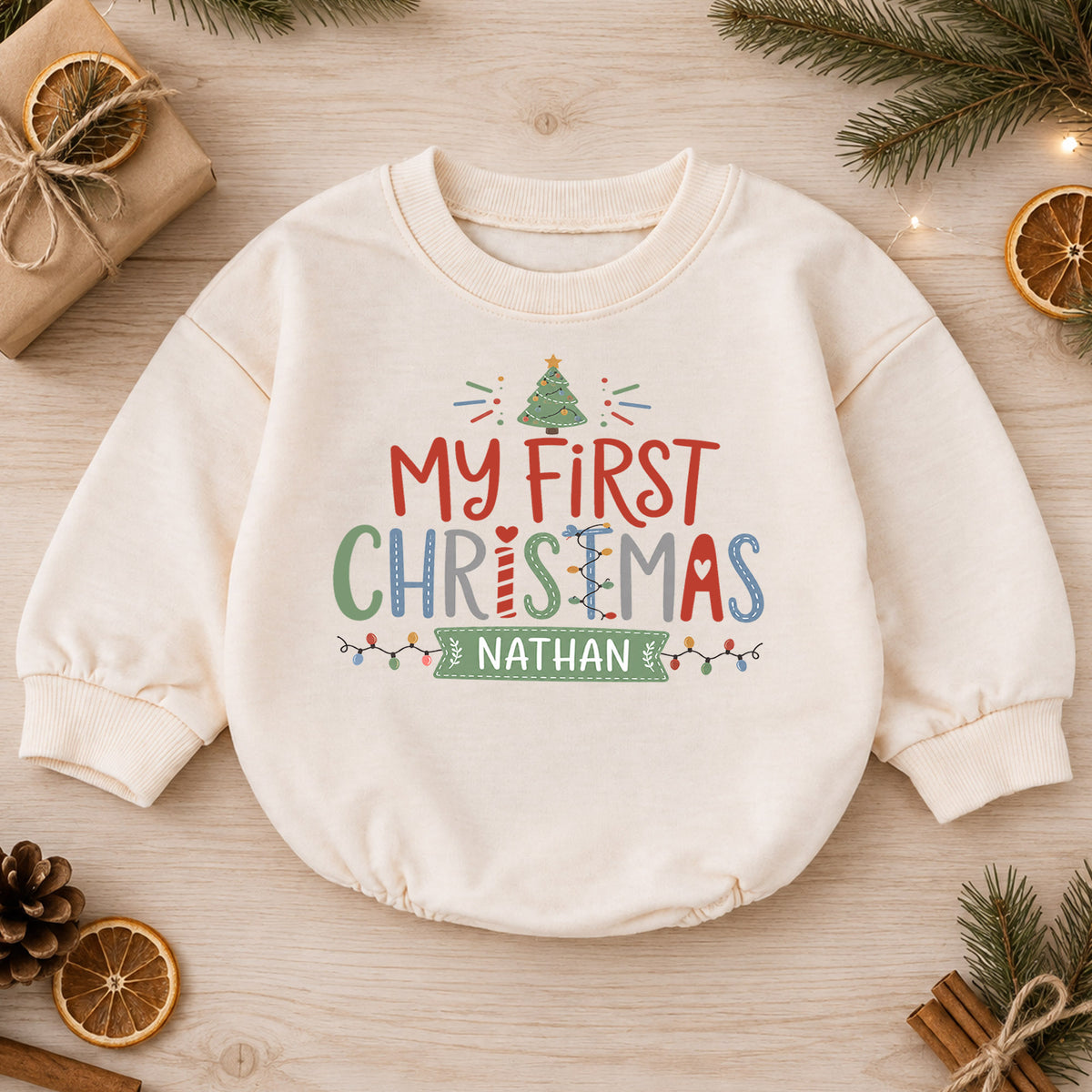 My First Christmas Personalized Baby Romper, Custom Name Holiday Outfit, 1st Christmas Keepsake, 1st Birthday Gift for Baby — product view 1