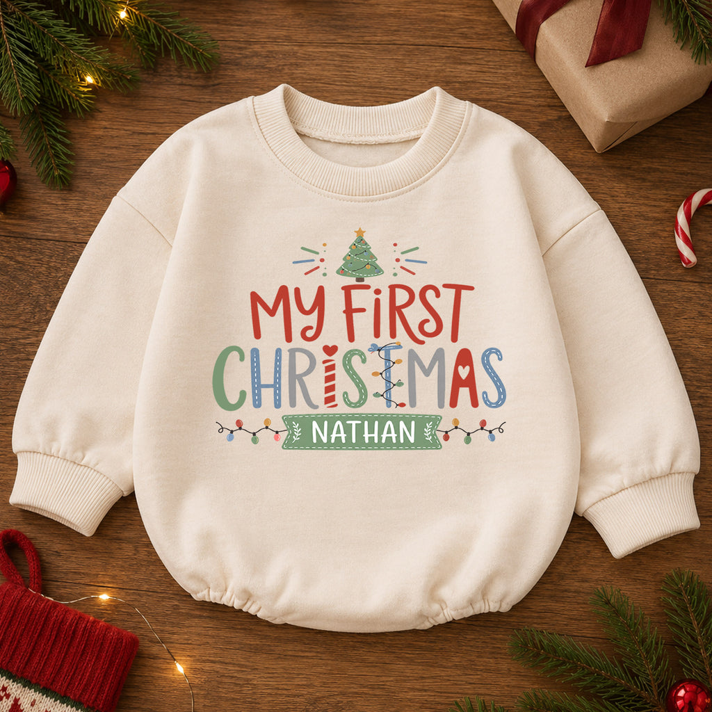 My First Christmas Personalized Baby Romper, Custom Name Holiday Outfit, 1st Christmas Keepsake, 1st Birthday Gift for Baby — product view 2
