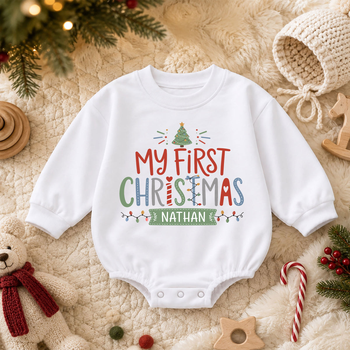 My First Christmas Personalized Baby Romper, Custom Name Holiday Outfit, 1st Christmas Keepsake, 1st Birthday Gift for Baby — product view 3