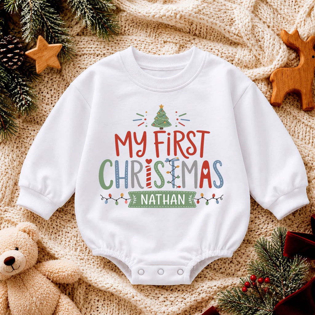 My First Christmas Personalized Baby Romper, Custom Name Holiday Outfit, 1st Christmas Keepsake, 1st Birthday Gift for Baby — product view 4
