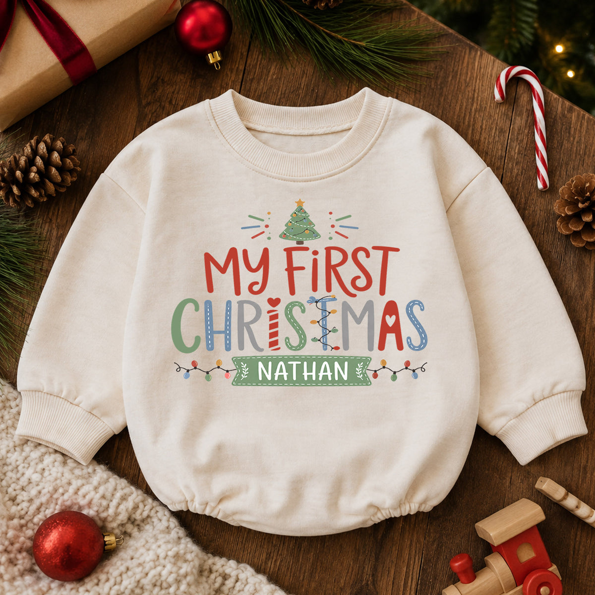 My First Christmas Personalized Baby Romper, Custom Name Holiday Outfit, 1st Christmas Keepsake, 1st Birthday Gift for Baby — product view 6